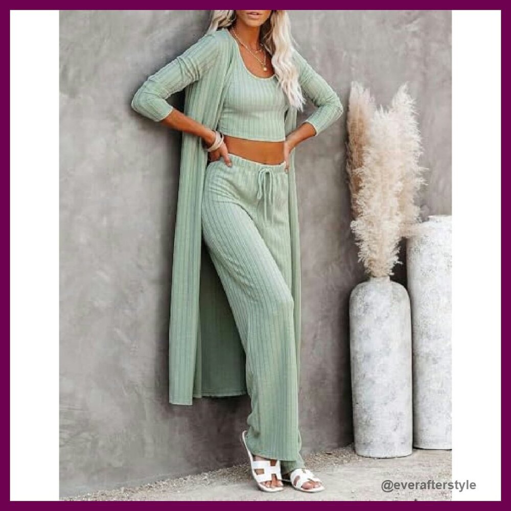 3 Piece Lounge Set Knit Cardigan Crop Top Wide Leg Pants Comfy Chic - Picture 5 of 8